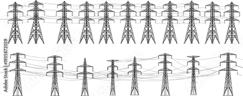 Rows of Black and White High Voltage Electricity Pylons and Wires Keywords: electricity, power, high voltage, pylon, transmission