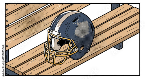 American football helmet on wooden bench with vintage comic style look