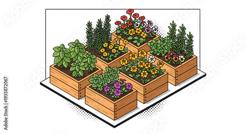 Isometric raised garden beds with vibrant flowers and herbs