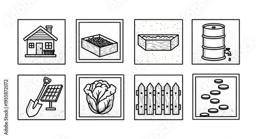Black and white gardening icons featuring tools, vegetables, and structures