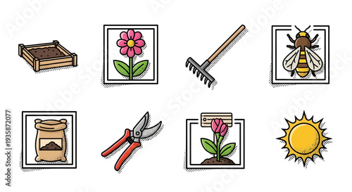 Colorful gardening icons featuring flowers, tools, and insects in a comic style