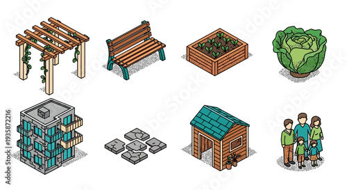 Isometric urban elements: gardens, structures, and family