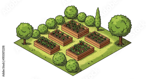 Lush isometric garden with raised vegetable beds and trees