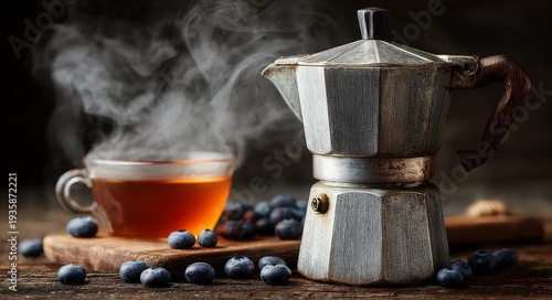 In a bright kitchen, a metal beverage maker brews a hot drink on a sleek, modern stovetop