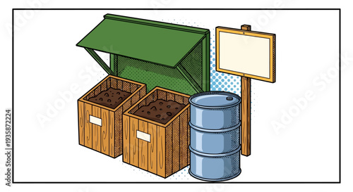 Compost bins and barrel with signboard in pop art style