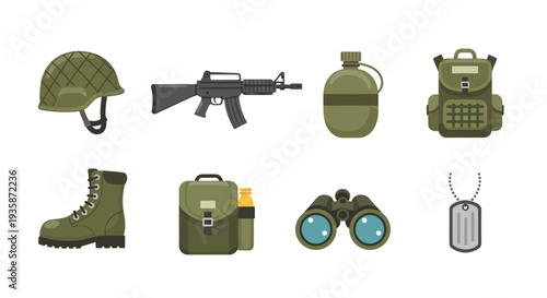 Military gear collection: equipment and accessories in flat design