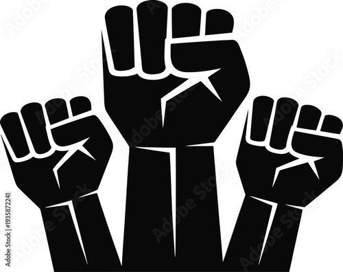 Three Raised Fists Silhouette, Powerful Black and White Unity Resistance Symbol Design