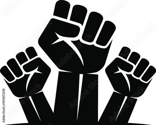 Three Raised Fists Icon, Bold Monochrome Solidarity Protest Graphic in Minimalist Style