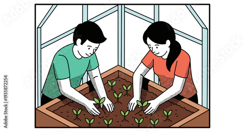 Couple nurturing seedlings in greenhouse garden with care and teamwork