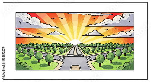 Vibrant sunrise over tree-lined roads in comic style