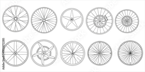 Outline drawings of various bicycle wheels and rims on a white background Keywords: bicycle, wheel, bike, rim, spokes, tire, hub