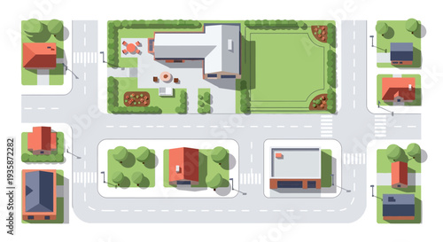 Aerial view of a suburban neighborhood with houses and green spaces
