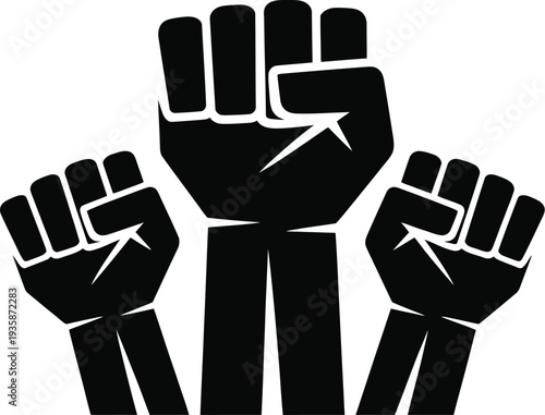 Three Raised Fists Illustration, Black and White Protest Symbol of Unity and Collective Resistance