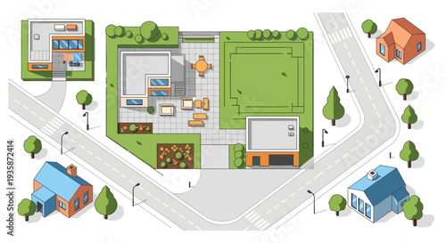 Aerial view of a modern residential neighborhood with green spaces