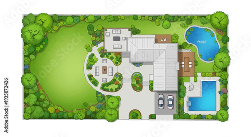 Aerial view of a modern house with extensive landscaping and outdoor amenities