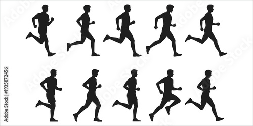 Male Runners Silhouettes in Motion Different Poses White Background running jogging