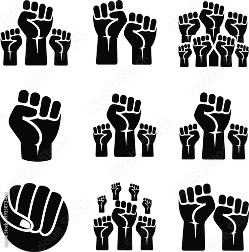 Protest Fist Silhouette Pack, Graphic Black and White Unity Resistance Hand Icons with Strong Contrast