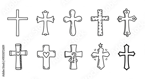 Collection of Hand Drawn Christian Cross Symbols.