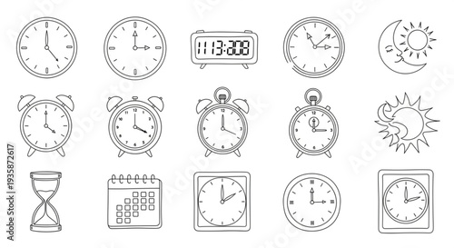 Collection of Hand Drawn Clocks and Timekeeping Devices.