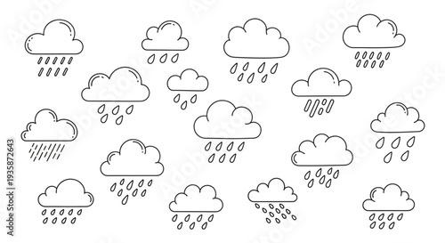 Collection of hand drawn clouds with rain drops.