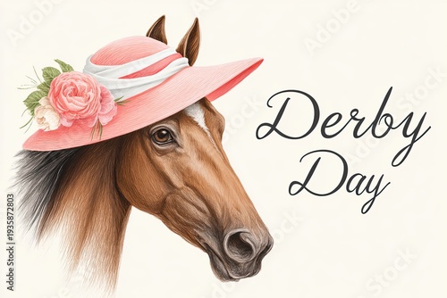 Stylized illustration of a horse wearing a pink hat adorned with flowers, accompanied by elegant script reading 