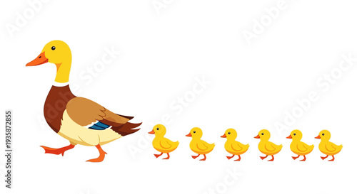 A mother duck leads a row of her adorable fluffy ducklings