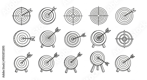 Collection of Hand Drawn Dartboard Targets with Arrows.