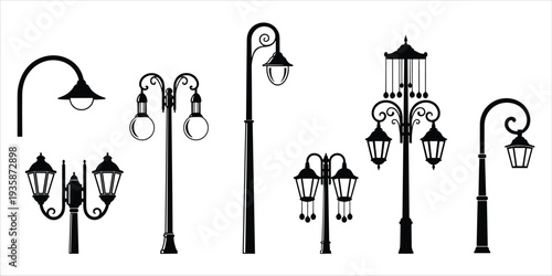 Collection of black silhouette vintage street lamp designs on white background lamppost antique