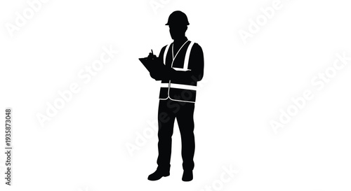 A construction worker stands attentively holding a clipboard and wearing safety gear presented as a striking silhouette high quality