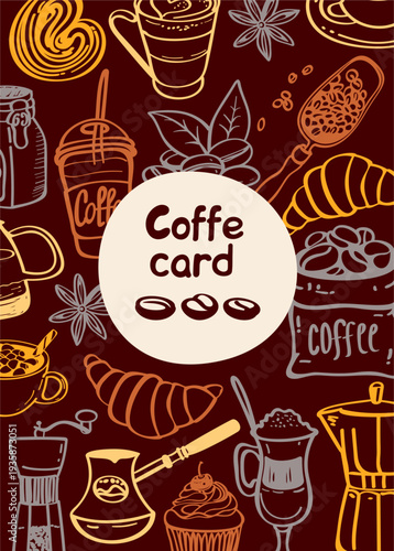 Coffee card vector illustration. Coffee and sweets hand drawn pattern in doodle style