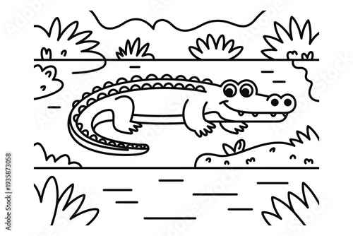 Crocodile coloring page for kids with swamp water and aquatic plants outline drawing for children education activity book or school lesson