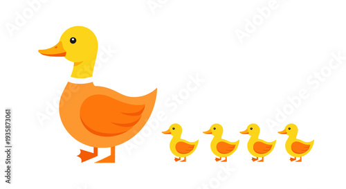 A mother duck leads her four ducklings in a single file line