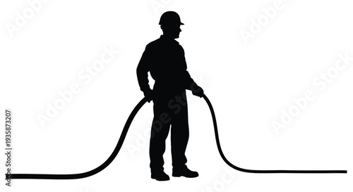 A stark black silhouette depicts a worker holding a coiled hose showcasing a classic dramatic silhouette high quality professional