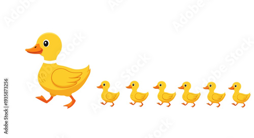 A mother duck leads a row of six adorable baby ducklings