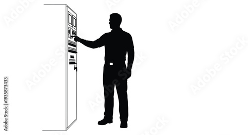 A man interacts with a complex control panel featuring numerous buttons and switches rendered as a silhouette high quality