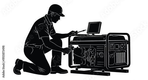 A technician is working on a portable generator with a laptop captured in a striking black silhouette high quality