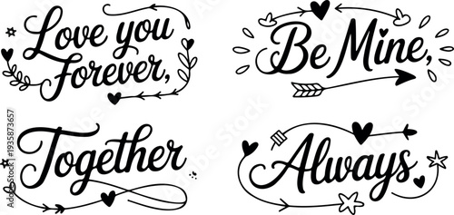 Quadro su tela Valentine love lettering with hearts and swirls isolated on transparent backgrou
