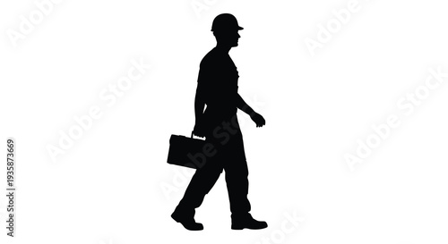 A stark black silhouette depicts a worker walking with a toolbox showcasing a minimalist artistic style silhouette high quality
