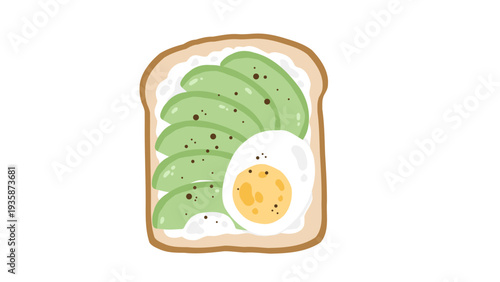 Healthy Avocado Toast Illustration with Sliced Avocado and Boiled Egg Isolated on White Background