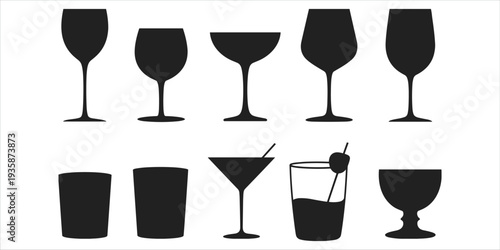 Assortment of Black Silhouette Drinkware and Cocktail Glassware Icons Keywords: drinkware, glassware, cocktail glass, wine glass
