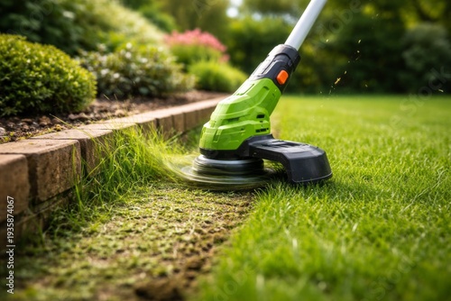 Grass trimming happens in a garden during daylight to maintain the lawn edge near a stone border with green plants around