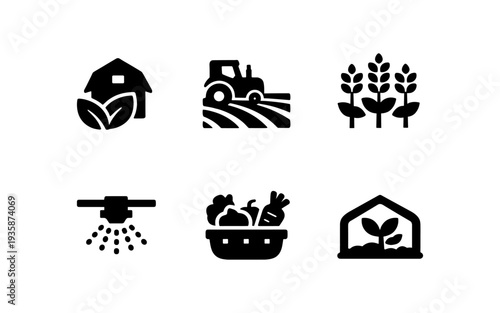 Collection of agricultural icons representing farming, cultivation, and harvest processes