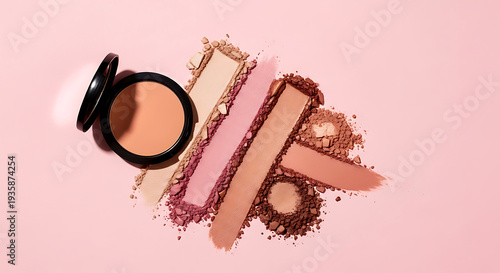 Cosmetics Swatches Flatlay Closeup – Peach Beige Coral Red Makeup Powder Palette Beauty Samples
