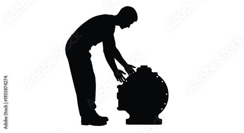 A mechanic is intently examining and working on a complex engine component in a stark silhouette high quality professional