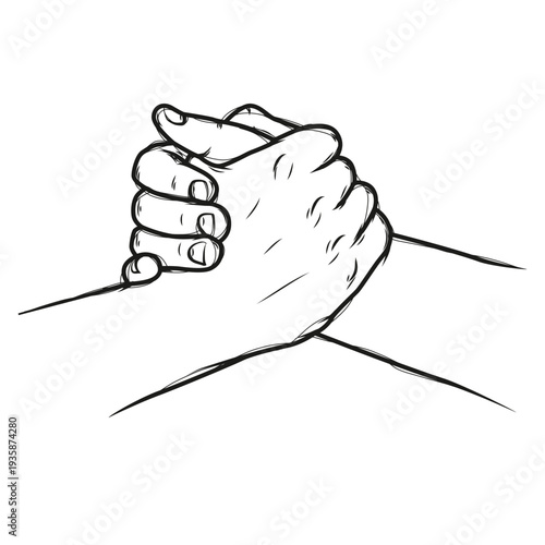 Hands clasped in a firm grip black and white line art illustration 