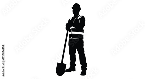 A striking full body silhouette of a construction worker holding a shovel and confidently posing against a white background silhouette
