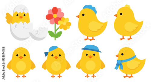 Cute cartoon chicks flowers and eggs in a playful spring arrangement