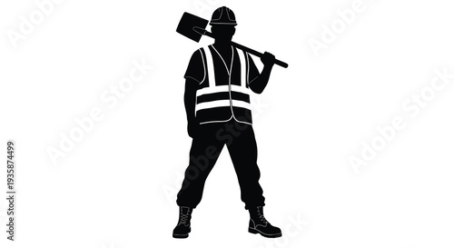 A stark depiction of a construction worker carrying a shovel presented as a striking black silhouette high quality professional