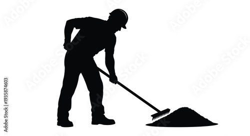A striking black silhouette depicts a worker using a rake with a pile of debris showcasing manual labor silhouette