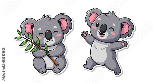 Two adorable cartoon koalas with eucalyptus leaves cheerfully posed